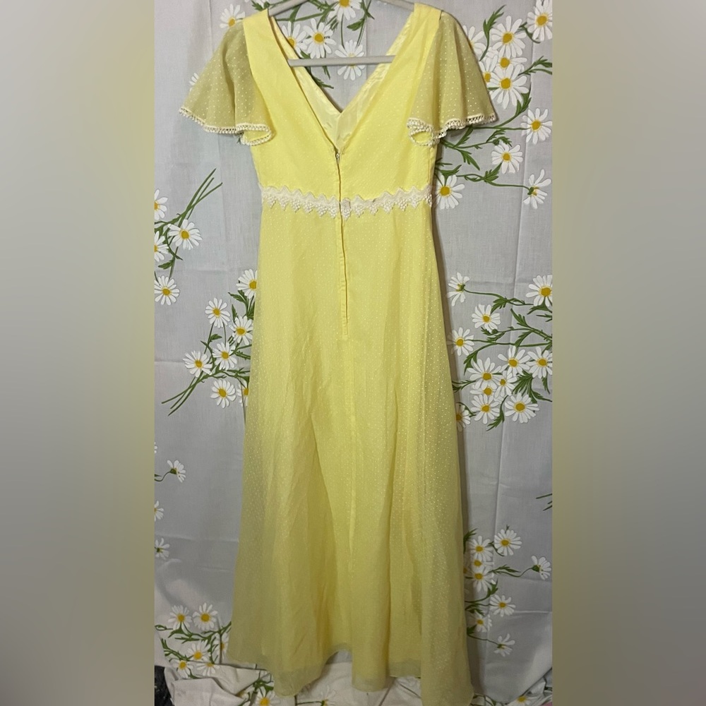 Vintage 70s pastel yellow white polka dot flutter sleeve formal empire gown - Picture 4 of 7